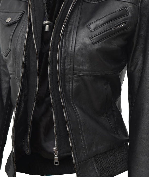 Womens Black Leather Bomber Jacket With Removable Hooded