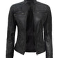 Womens Black Real Leather Cafe Racer Jacket with Zip Closure