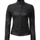 Womens Black Real Leather Cafe Racer Jacket with Zip Closure