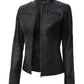 Womens Black Real Leather Cafe Racer Jacket with snap button collar