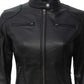 Womens Black Real Leather Cafe Racer Jacket with snap button collar