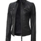 Womens Black Real Leather Cafe Racer Jacket in four zipper pockets