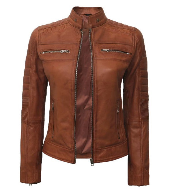 Womens Brown Quilted Cafe Racer Leather Jacket