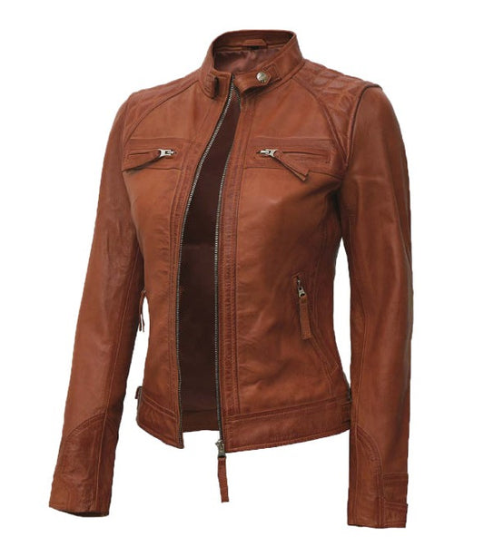 Premium Women's Brown Quilted Cafe Racer Leather Jacket