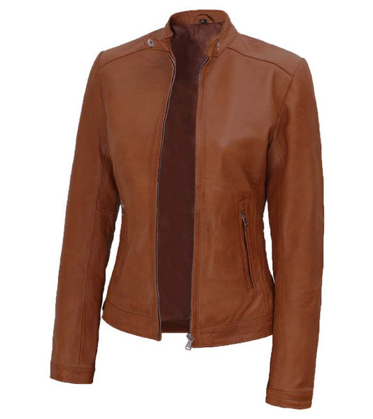 Womens Motorcycle Cognac Leather  Jacket With Quilted Shoulder Detailing