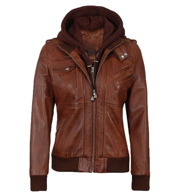 Cognac Leather Bomber Jacket with Removable Hood for Women