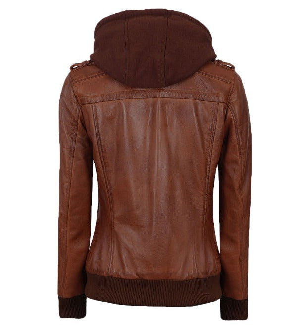 Cognac Leather Bomber Jacket with Removable Hood for Women