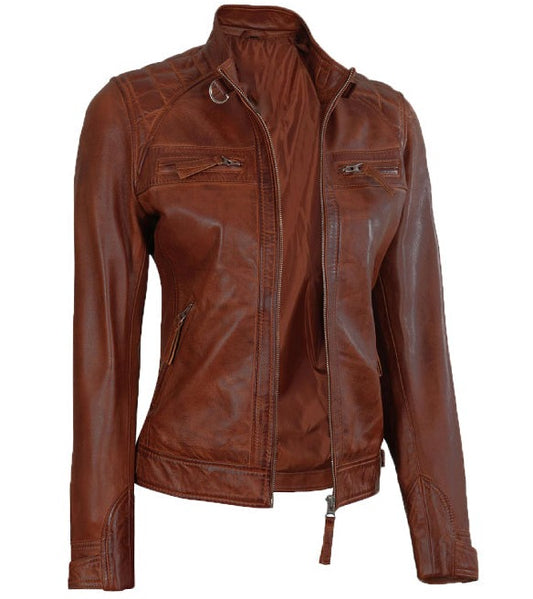 Womens Cognac Leather Motorcycle Jacket With Quilted Shoulder Detailing