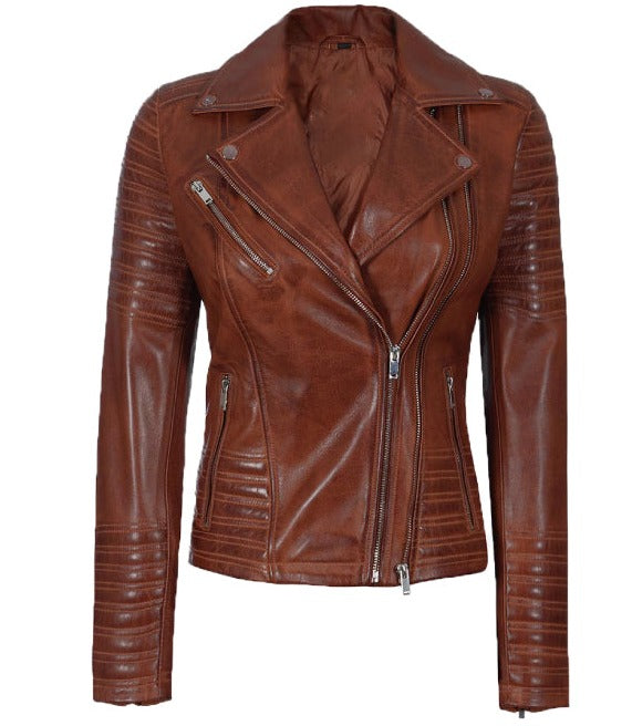 Women's Asymmetrical Leather Cognac Leather Biker Jacket