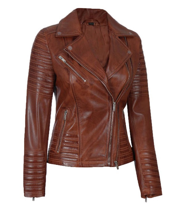 Women's Asymmetrical Leather Cognac Leather Biker Jacket