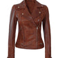 Women's Distressed Quilted Cognac Leather Motorcycle Jacket