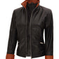 Black Fitted Leather Jacket for Women with Brown Detailing