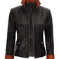 Black Fitted Leather Jacket for Women with Brown Detailing