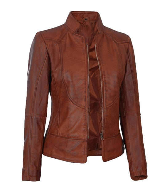 Womens Hand Waxed Vintage Cognac Leather Biker Jacket