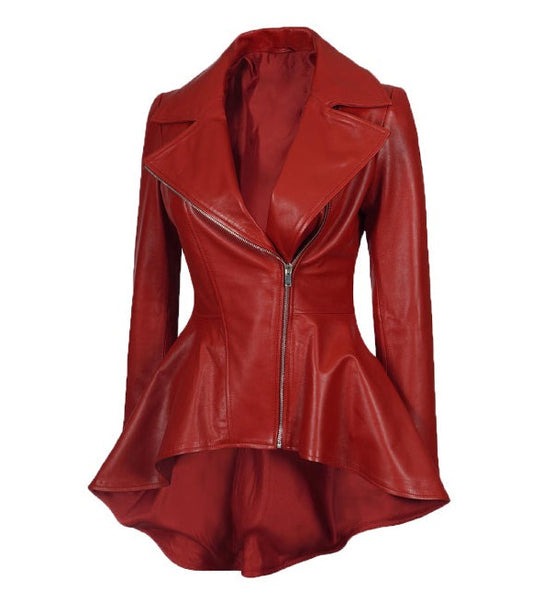 Red Asymmetrical Peplum Leather Jacket For Women