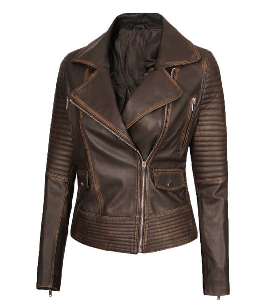 Brown Asymmetrical Leather Motorcycle Jacket for Women