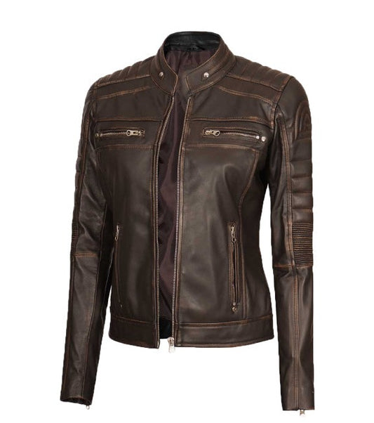 Womens Petite Black Quilted Leather Cafe Racer Jacket Free shipping