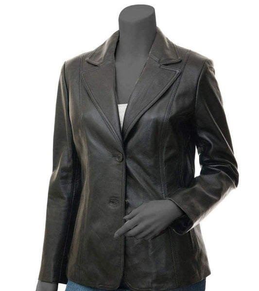 Womens Wide Lapel Two Button Black Leather Blazer Coat