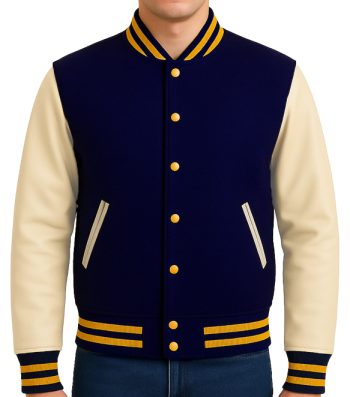 blue varsity jacket with beige leather sleeves and pockets