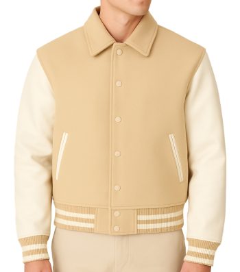 cream varsity jacket with white leather sleeves and pockets