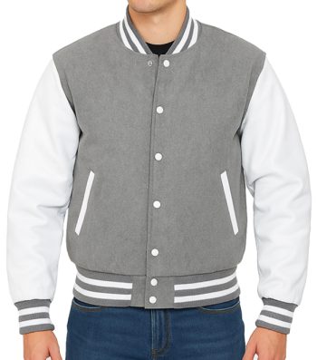 grey varsity jacket with white leather sleeves and pockets