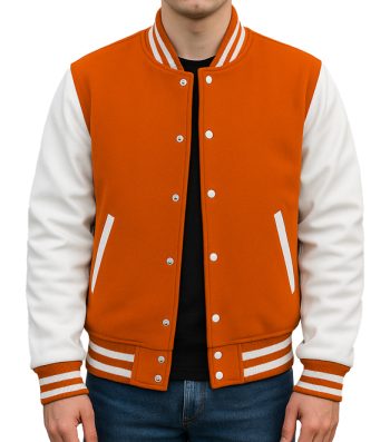 orange varsity jacket with white leather sleeves and pockets