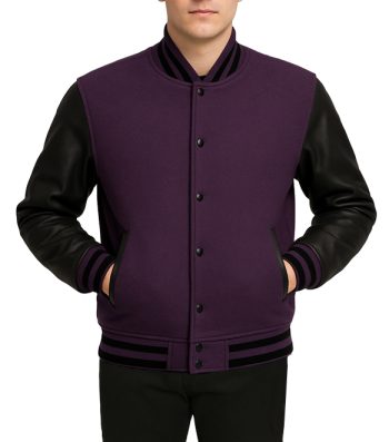 purple varsity jacket with black leather sleeves and pockets